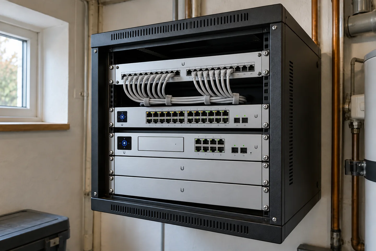 Escena ilustrativa de un armario de red con equipos UniFi de Ubiquiti